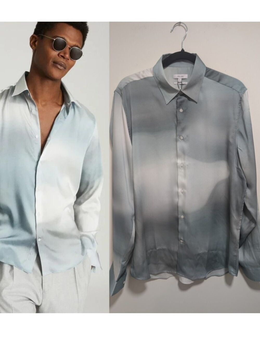 Reiss | Cinder Abstract Ombre Satin Button Down Shirt In Sage Gray